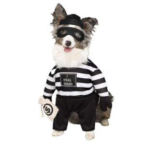 Burglar Dog Costume XS "I Steal Kisses" Striped Outfit & Mask With Money Bag For